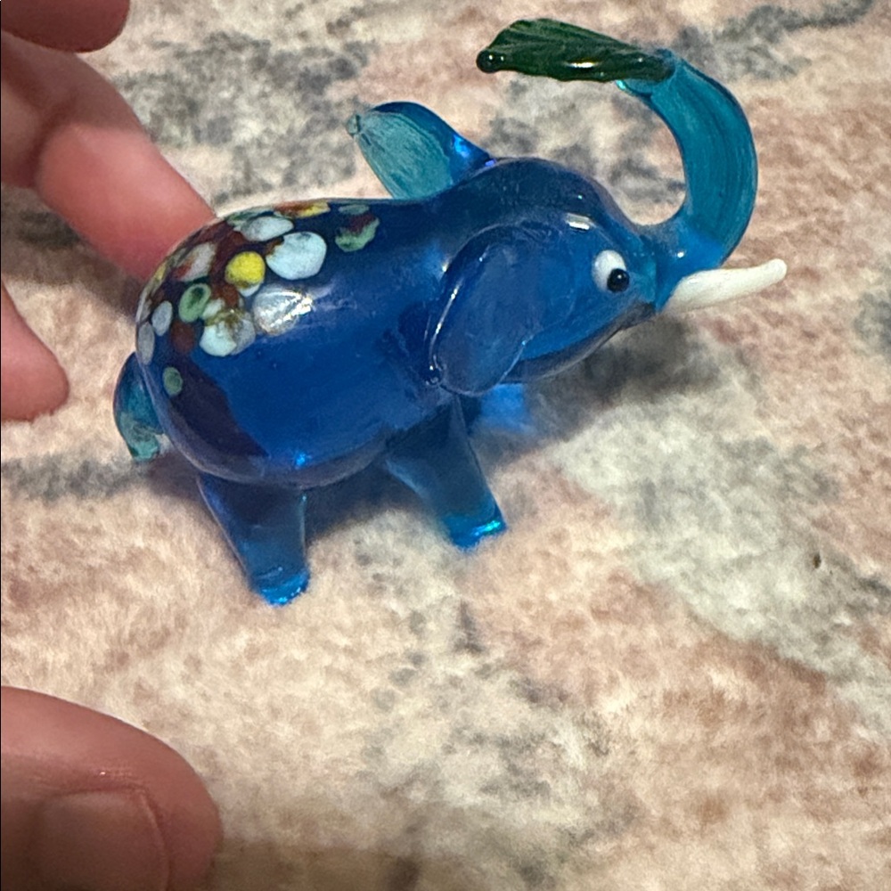 Blue Glass Elephant Figurines with Floral Accents - Picture 9 of 14